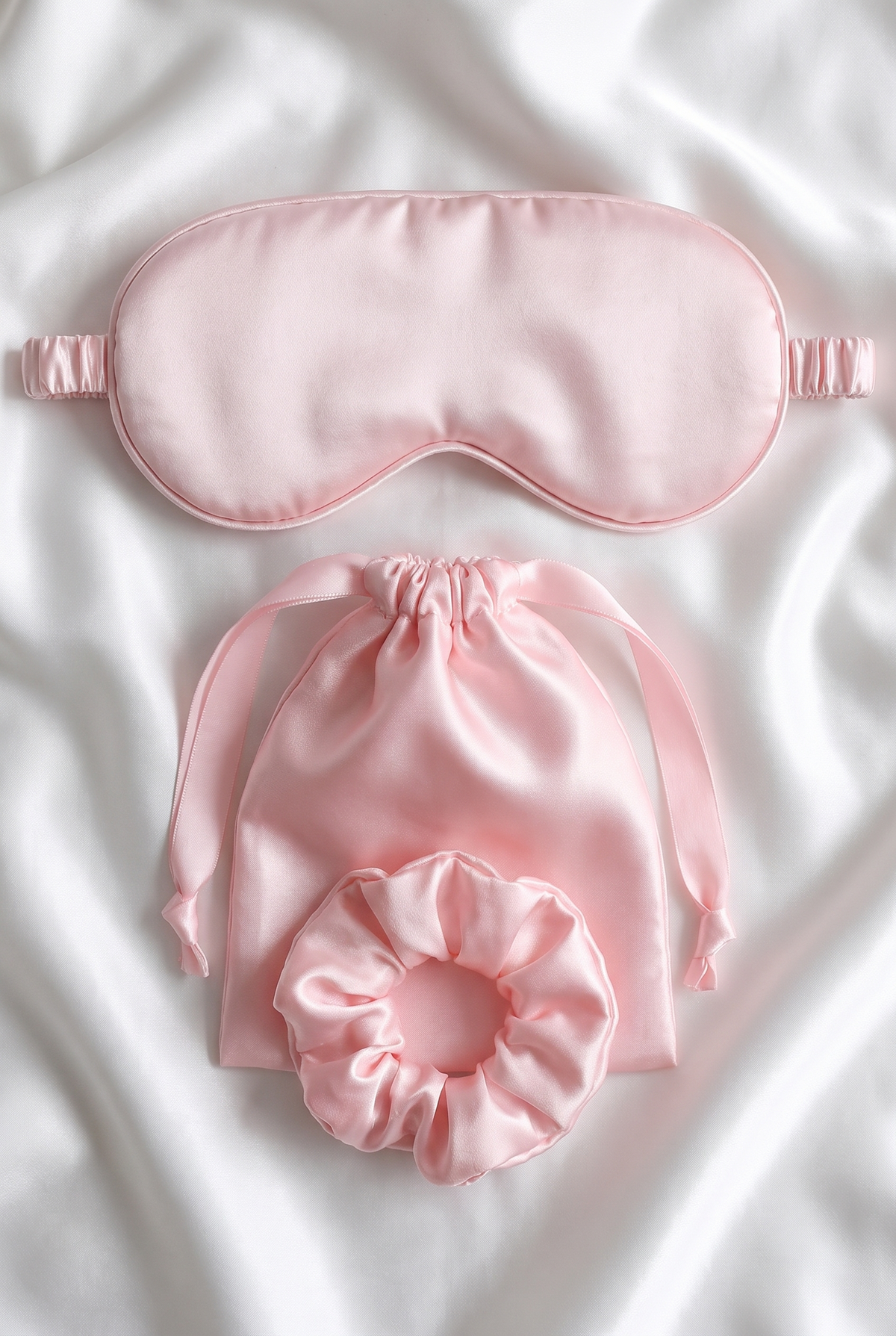 Schlaf-Set LUNA, rosa Satin-Haarband, Haargummi und Beutel